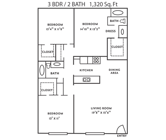 Plan I 1,320 Sq. Ft. 3 Bedroom 2 Bathroom The