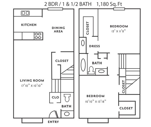 Plan E 1,180 Sq. Ft. 2 Bedroom 2 Bathroom Townhome
