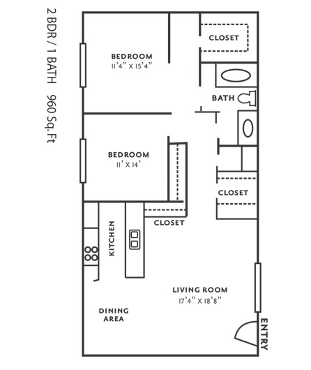 Plan F - 960 Sq. Ft. 2 Bedroom : 1 Bathroom | The Creekwood Apartments ...