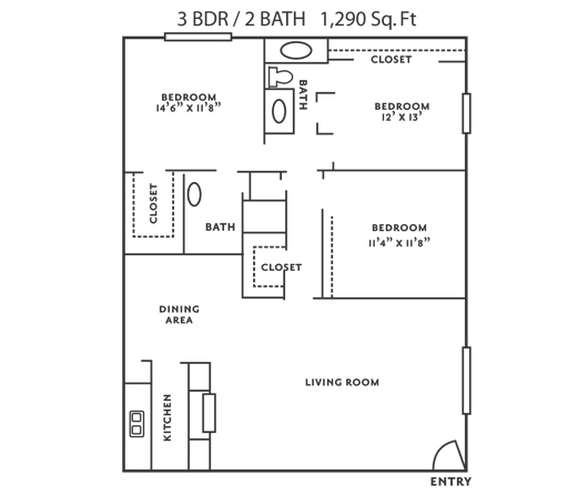 Plan H 1,290 Sq. Ft. 3 Bedroom 2 Bathroom The